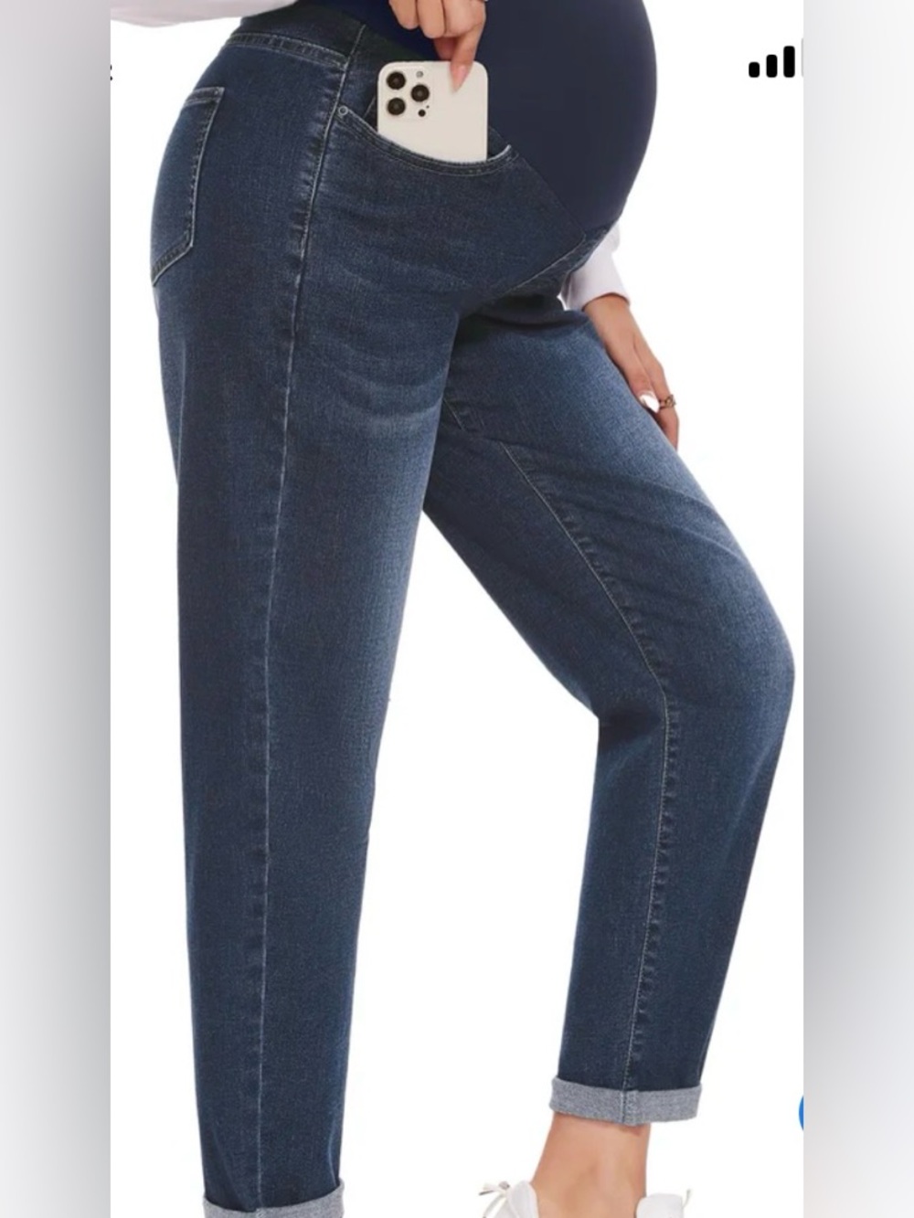 Women’s Straight Leg Maternity Jeans in Dark Blue boyfriend style.